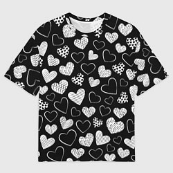 Футболка оверсайз мужская Белые сердечки на черном фоне, цвет: 3D-принт