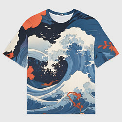 Футболка оверсайз мужская Япония волны алые цветы, цвет: 3D-принт