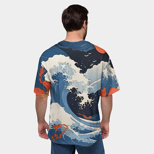 Мужская футболка оверсайз Япония волны алые цветы / 3D-принт – фото 4