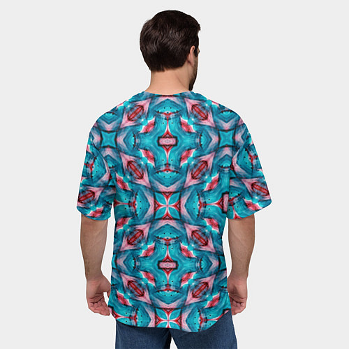 Мужская футболка оверсайз Калейдоскопический узор из голубых и красных штрих / 3D-принт – фото 4