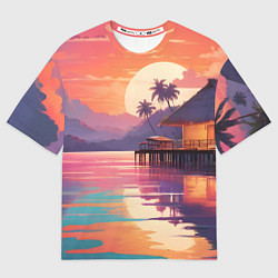 Футболка оверсайз мужская Летний домик пальмы закат, цвет: 3D-принт