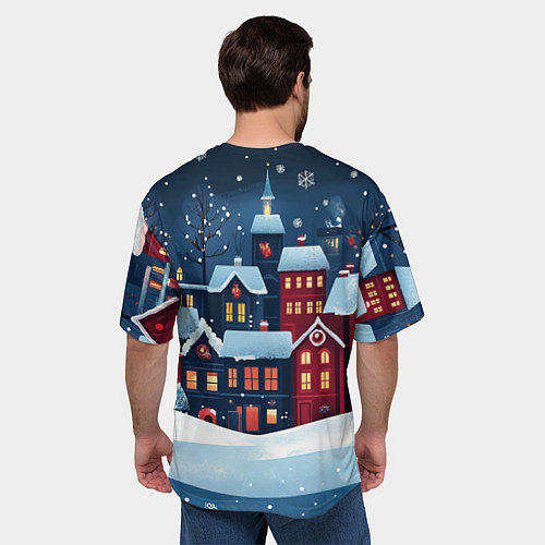 Мужская футболка оверсайз Снежная новогодняя ночь над городом / 3D-принт – фото 4