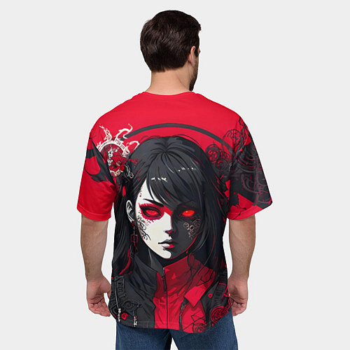Мужская футболка оверсайз Девушка в стиле аниме в куртке на красном фоне / 3D-принт – фото 4