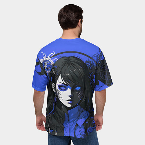 Мужская футболка оверсайз Девушка в стиле аниме в куртке на голубом фоне / 3D-принт – фото 4
