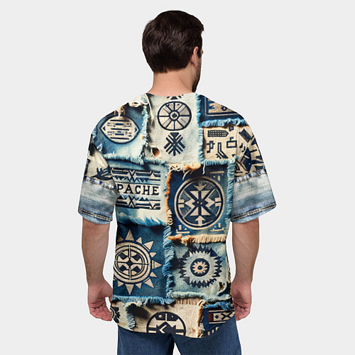Мужская футболка оверсайз Символы Апачи на пэчворк дениме / 3D-принт – фото 4