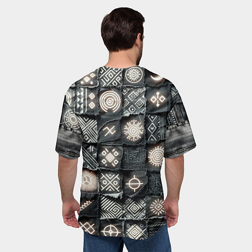 Мужская футболка оверсайз Африканские знаки на пэчворк дениме / 3D-принт – фото 4