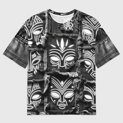 Мужская футболка оверсайз Африканские маски на пэчворк дениме