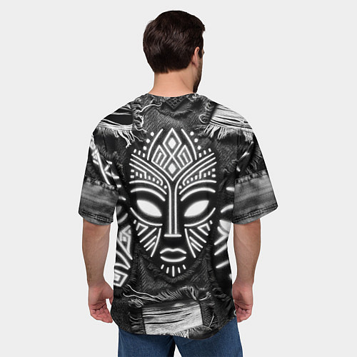 Мужская футболка оверсайз Африканские маски на пэчворк дениме / 3D-принт – фото 4