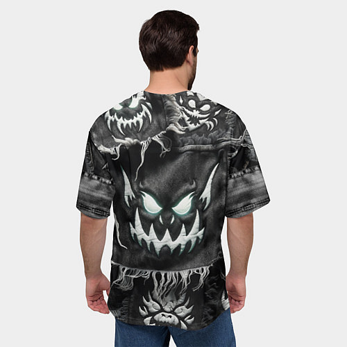 Мужская футболка оверсайз Облик монстра на пэчворк джинсах / 3D-принт – фото 4