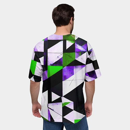 Мужская футболка оверсайз Зелёно-фиолетовая абстракция на чёрно-белом фоне / 3D-принт – фото 4