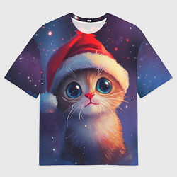 Мужская футболка оверсайз Котик новогодний в шапочке