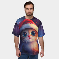 Футболка оверсайз мужская Котик новогодний в шапочке, цвет: 3D-принт — фото 2