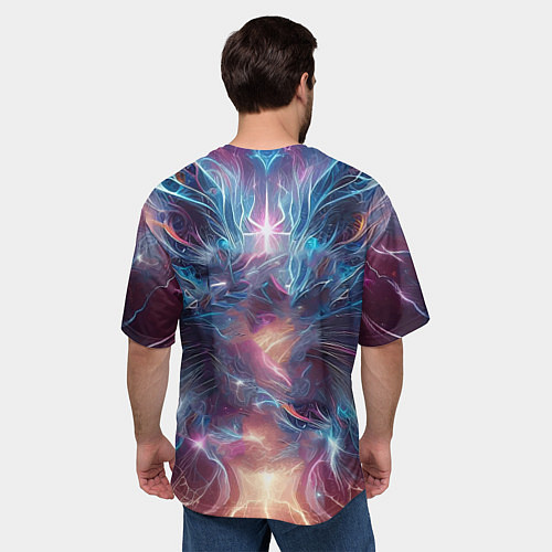 Мужская футболка оверсайз Fantastic blue-eyed neon kitten / 3D-принт – фото 4