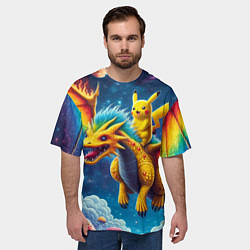 Футболка оверсайз мужская Pikachu on a fabulous dragon - neon glow, цвет: 3D-принт — фото 2