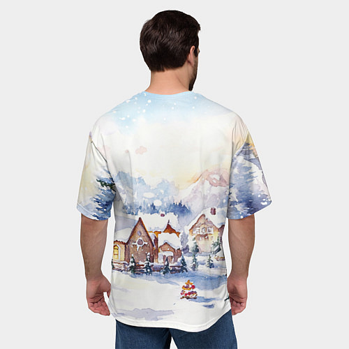 Мужская футболка оверсайз Новогодний снежный город / 3D-принт – фото 4