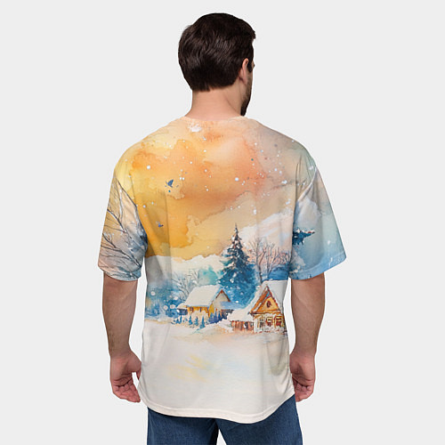 Мужская футболка оверсайз Деревенский новогодний пейзаж / 3D-принт – фото 4