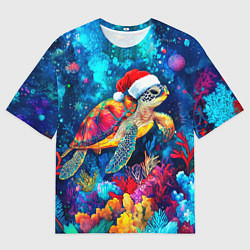Футболка оверсайз мужская Морская черепаха в шапке Санты, цвет: 3D-принт