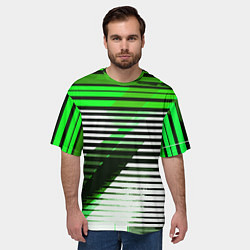 Футболка оверсайз мужская Зелёно-чёрные полосы на белом фоне, цвет: 3D-принт — фото 2