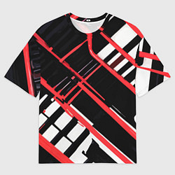 Футболка оверсайз мужская Красно-белые линии на чёрном фоне, цвет: 3D-принт