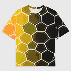 Футболка оверсайз мужская Белые шестиугольники на чёрно-жёлтом фоне, цвет: 3D-принт
