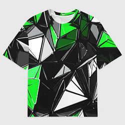 Футболка оверсайз мужская Зелёно-белые рельефные треугольники на чёрном фоне, цвет: 3D-принт