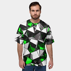Футболка оверсайз мужская Зелёно-белые рельефные треугольники на чёрном фоне, цвет: 3D-принт — фото 2