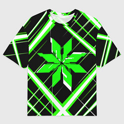 Футболка оверсайз мужская Зелёно-белая звезда и полосы на чёрном фоне, цвет: 3D-принт