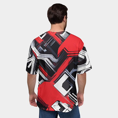 Мужская футболка оверсайз Красно-белый техно паттерн / 3D-принт – фото 4