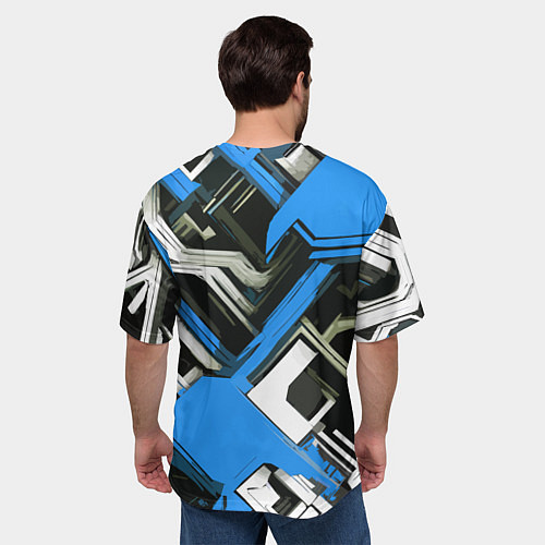 Мужская футболка оверсайз Сине-белый техно паттерн на чёрном фоне / 3D-принт – фото 4