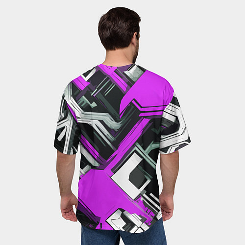Мужская футболка оверсайз Бело-фиолетовый техно паттерн на чёрном фоне / 3D-принт – фото 4
