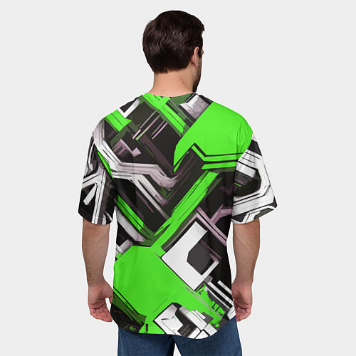 Мужская футболка оверсайз Бело-зелёный техно паттерн на чёрном фоне / 3D-принт – фото 4