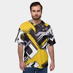 Футболка оверсайз мужская Бело-жёлтый техно паттерн на чёрном фоне, цвет: 3D-принт — фото 2