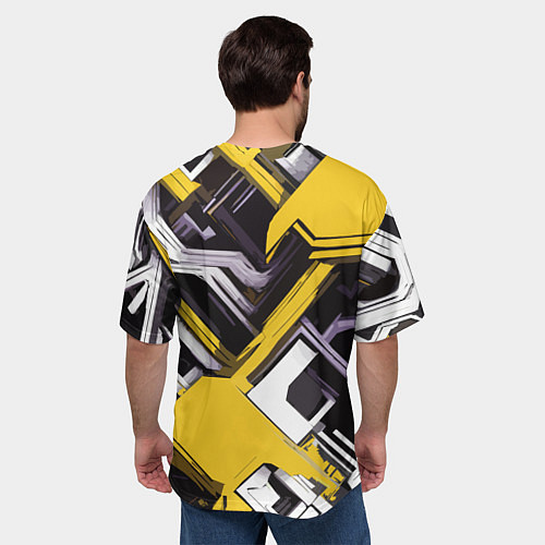 Мужская футболка оверсайз Бело-жёлтый техно паттерн на чёрном фоне / 3D-принт – фото 4