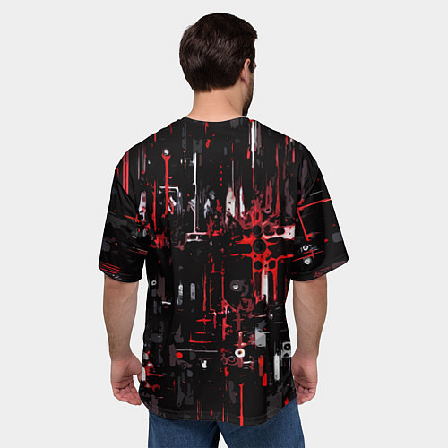 Мужская футболка оверсайз Бело-красная тревожная абстракция на чёрном фоне / 3D-принт – фото 4