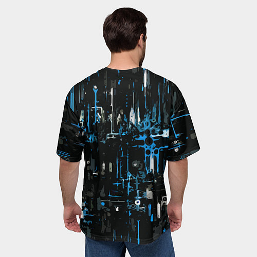 Мужская футболка оверсайз Бело-синяя тревожная абстракция на чёрном фоне / 3D-принт – фото 4