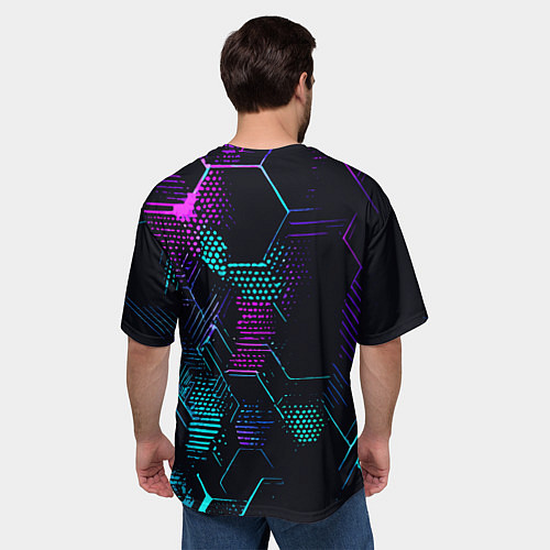 Мужская футболка оверсайз Розово-голубые точки и линии на чёрном фоне / 3D-принт – фото 4