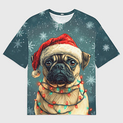 Футболка оверсайз мужская Новогодний мопс в гирлянде, цвет: 3D-принт
