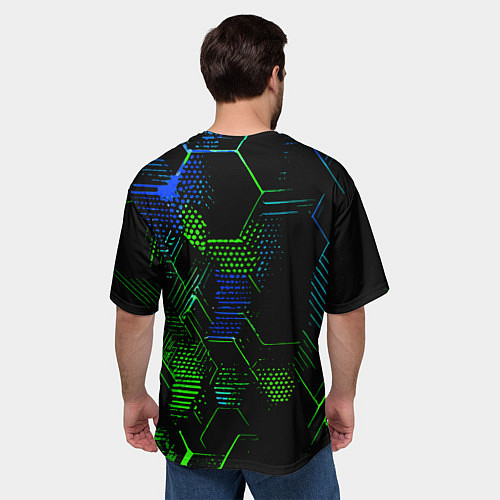 Мужская футболка оверсайз Сине-зелёные точки и линии на чёрном фоне / 3D-принт – фото 4