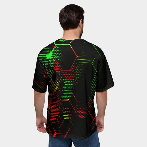 Мужская футболка оверсайз Красно-зелёные точки и линии на чёрном фоне / 3D-принт – фото 4