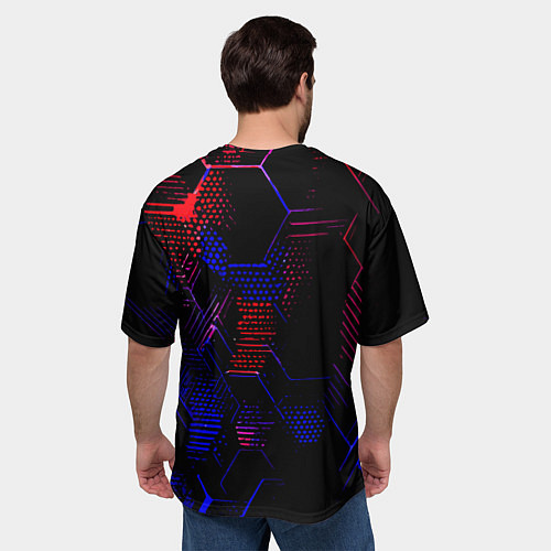 Мужская футболка оверсайз Красно-синие точки и линии на чёрном фоне / 3D-принт – фото 4