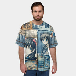 Футболка оверсайз мужская Пэчворк деним и аниме, цвет: 3D-принт — фото 2