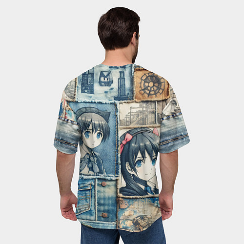Мужская футболка оверсайз Пэчворк деним и аниме / 3D-принт – фото 4