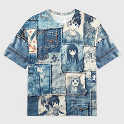 Футболка оверсайз мужская Персонажи аниме на пэчворк, цвет: 3D-принт