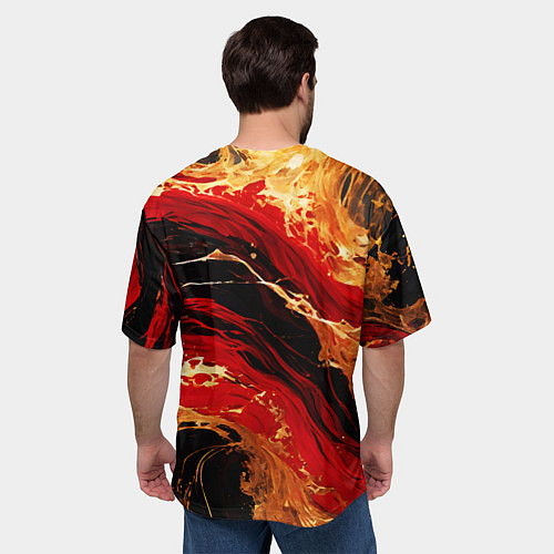 Мужская футболка оверсайз Красно-золотые брызги на чёрном фоне / 3D-принт – фото 4