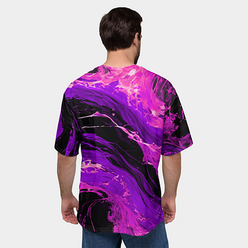 Мужская футболка оверсайз Фиолетовые брызги на чёрном фоне / 3D-принт – фото 4