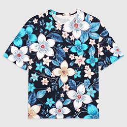 Футболка оверсайз мужская Сине-белые цветы на чёрном фоне, цвет: 3D-принт