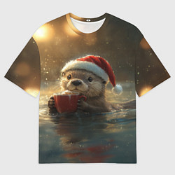 Футболка оверсайз мужская Выдра с кофе на новый год, цвет: 3D-принт