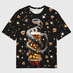 Футболка оверсайз мужская Бриллиантовый змей с кружкой пива, цвет: 3D-принт