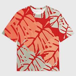 Футболка оверсайз мужская Отпечатки монстеры на красном, цвет: 3D-принт