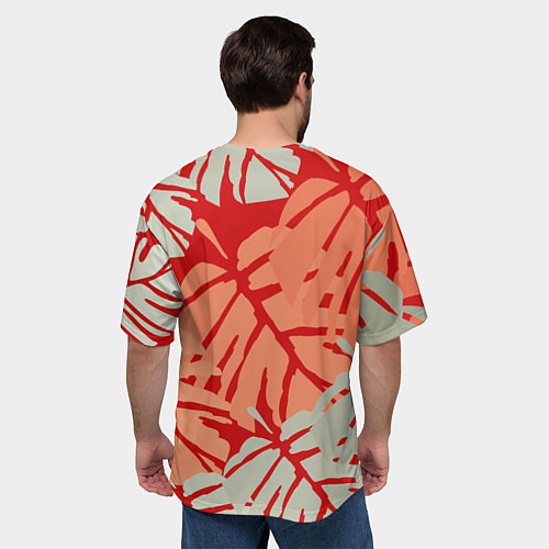 Мужская футболка оверсайз Отпечатки монстеры на красном / 3D-принт – фото 4